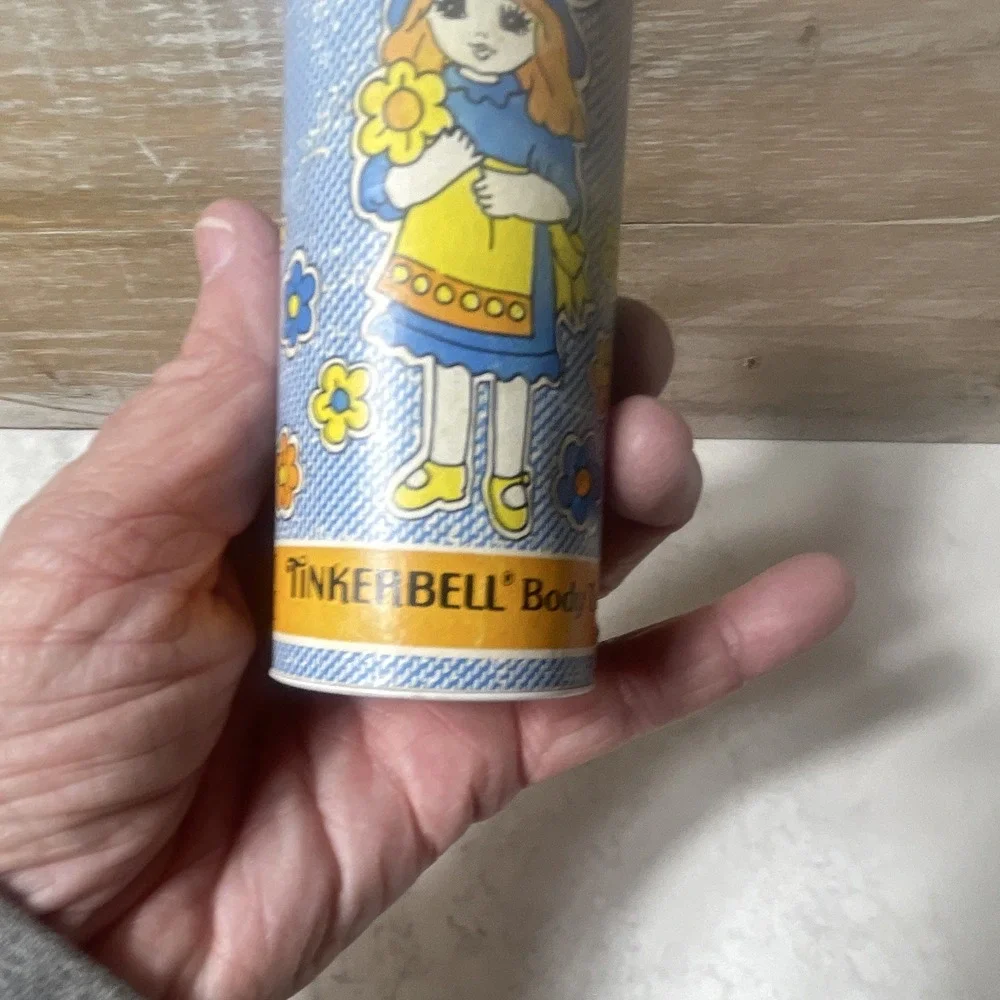 Tinkerbell Vintage Body Talc Powder Shaker Tin Can Blue Floral Girl Graphic